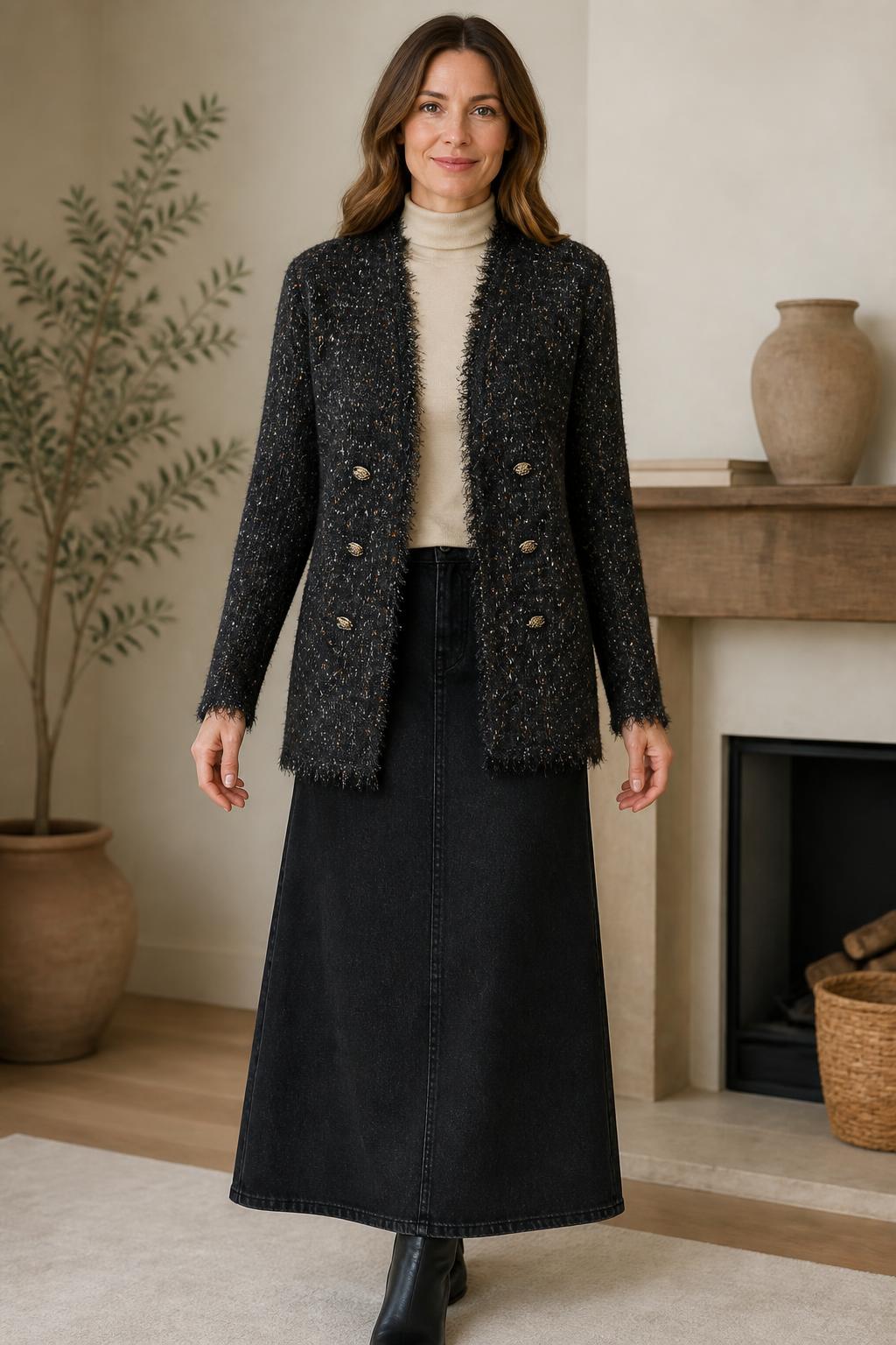 VOCAL Black Flecked Tweed-Look Cardigan Jacket lifestyle view 5