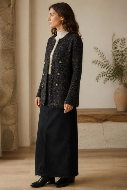 VOCAL Black Flecked Tweed-Look Cardigan Jacket lifestyle view 4