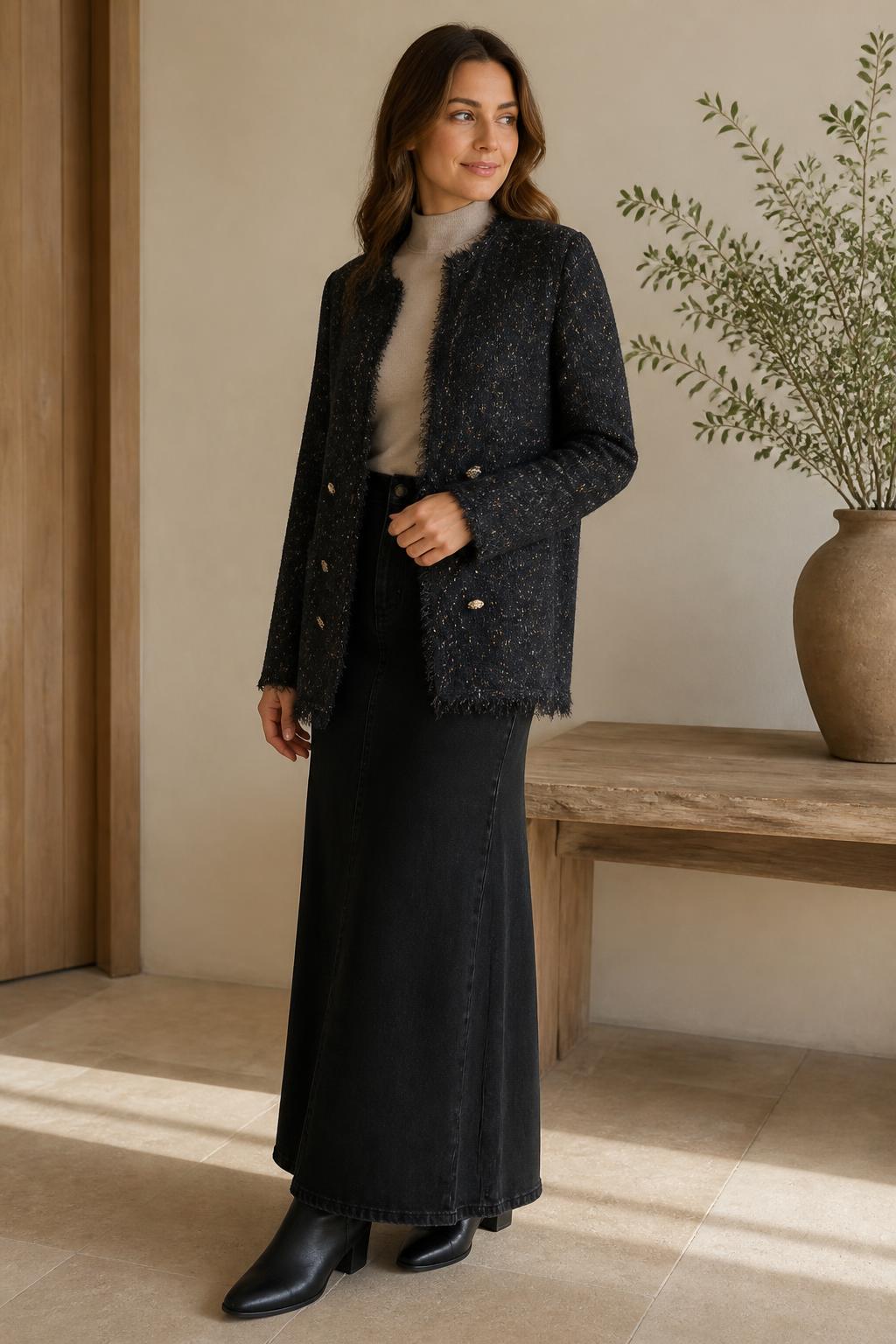 VOCAL Black Flecked Tweed-Look Cardigan Jacket lifestyle view 2