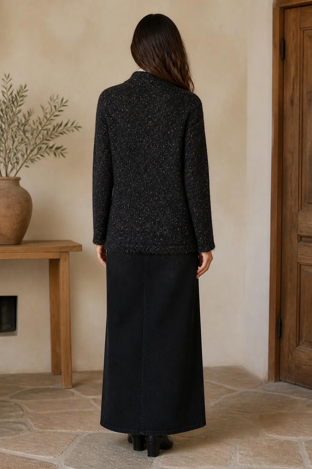 VOCAL Black Flecked Tweed-Look Cardigan Jacket lifestyle view 3