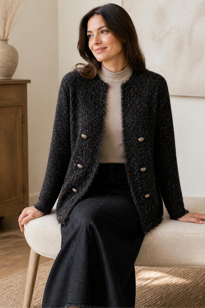 VOCAL Black Flecked Tweed-Look Cardigan Jacket lifestyle view 1