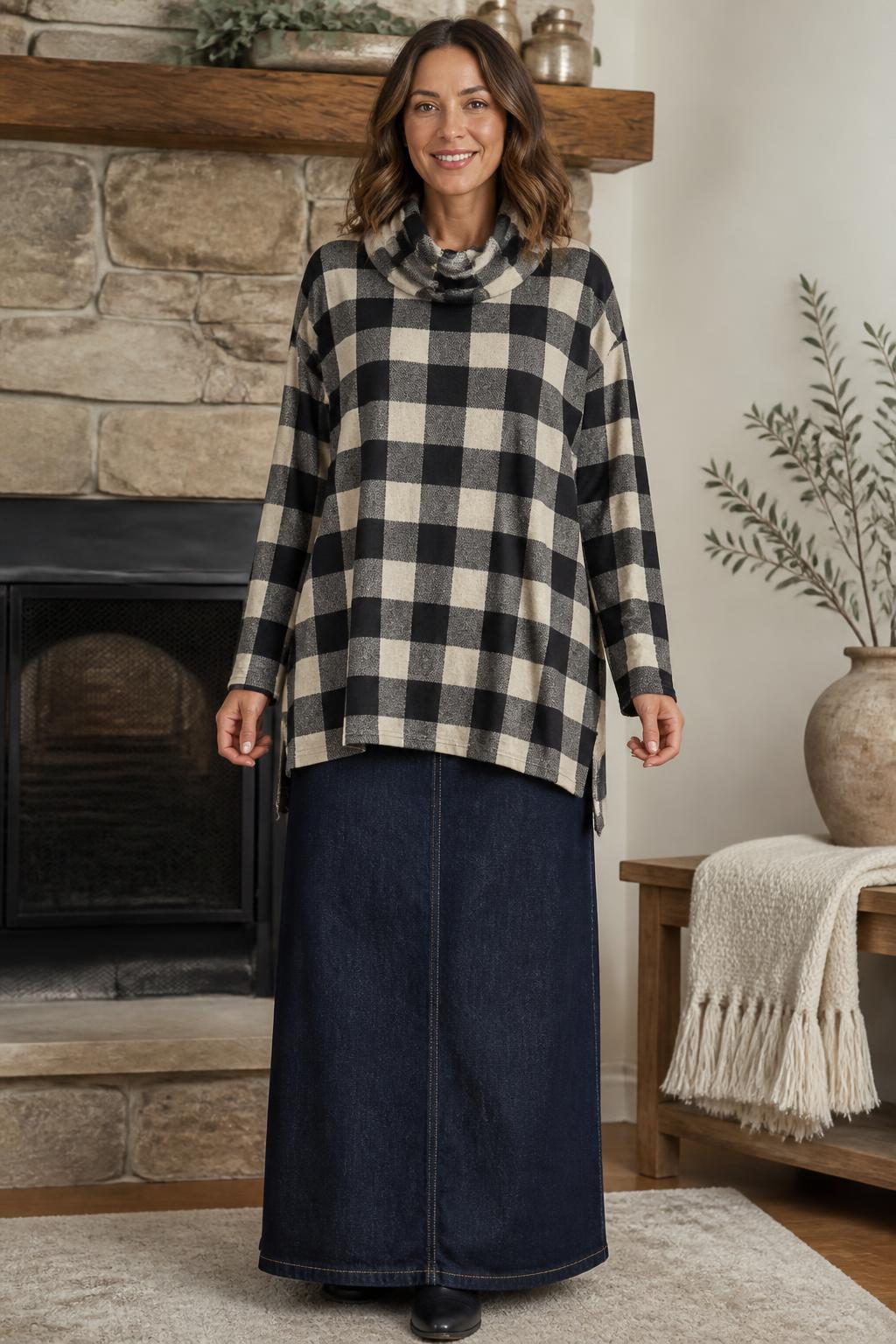 Chris & Carol Black & Cream Buffalo Check Cowl-Neck Top lifestyle view 3