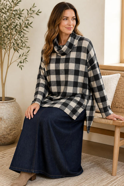 Chris & Carol Black & Cream Buffalo Check Cowl-Neck Top lifestyle view 2