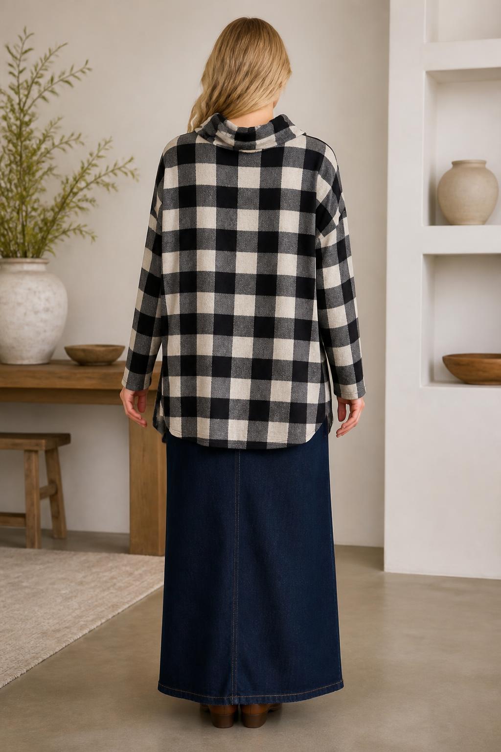 Chris & Carol Black & Cream Buffalo Check Cowl-Neck Top lifestyle view 4
