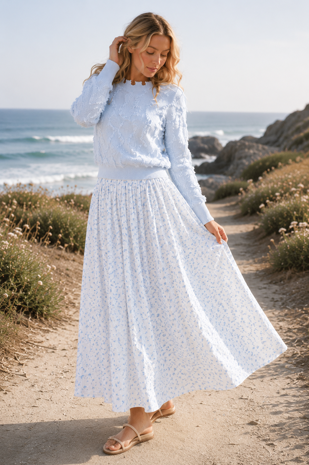 Ice blue long sleeve eyelash pullover sweater by ModestAndDevoted, featuring soft eyelash fabric and a cozy, stylish fit.