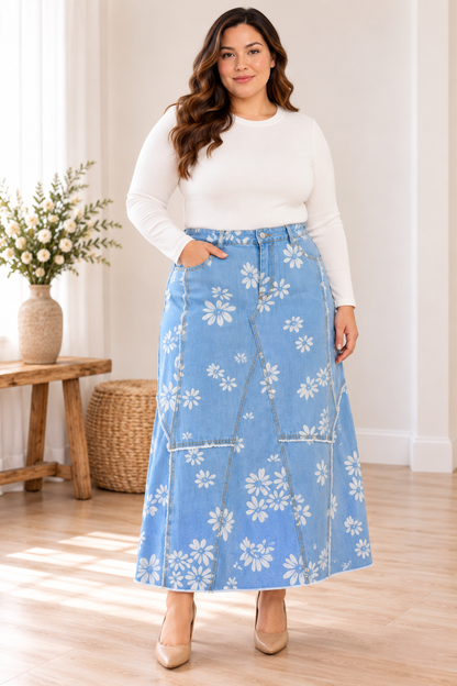 Be-Girl Light Blue Daisy Floral Denim Maxi Skirt Plus Size – PREORDER
