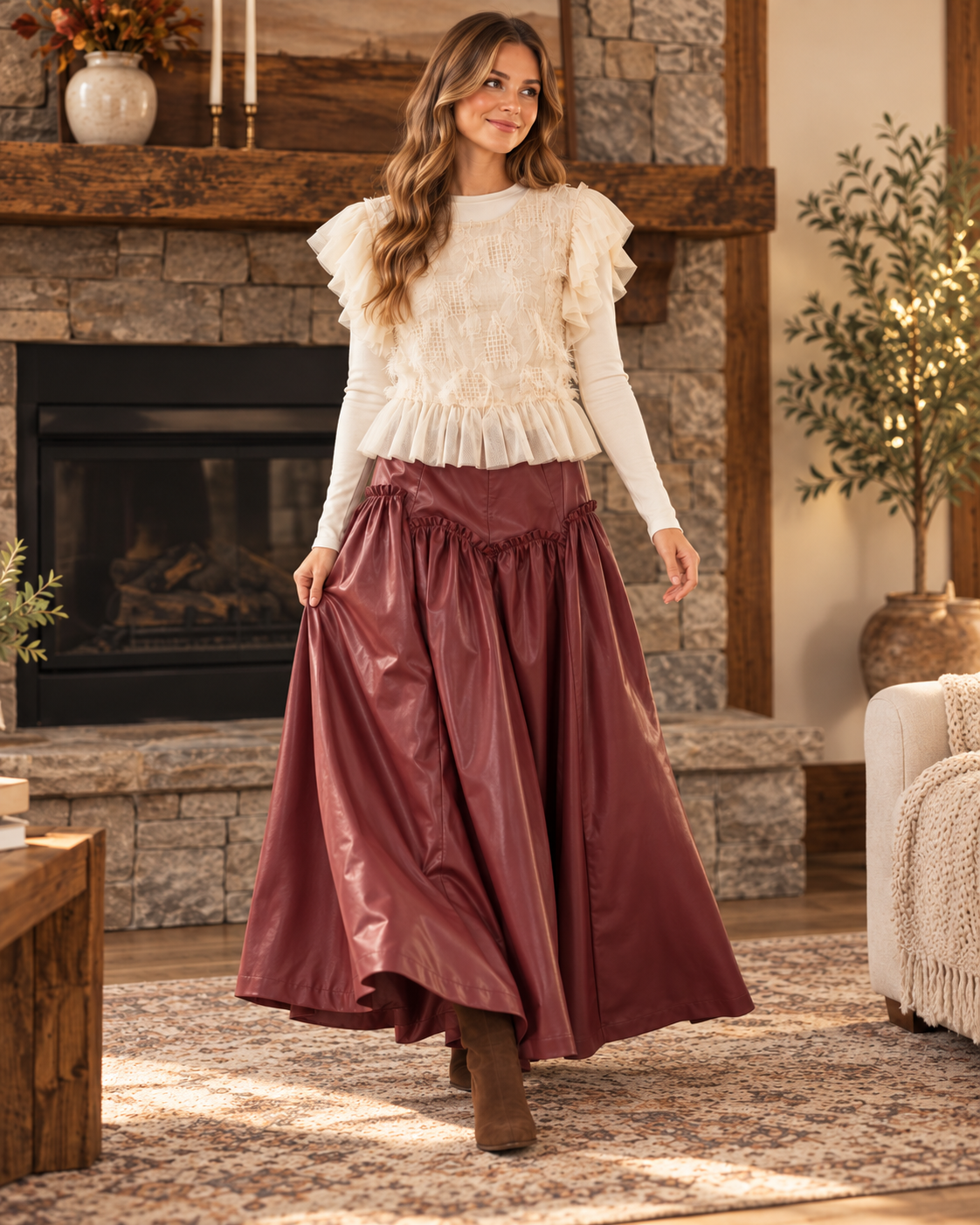 HEYSON Muted Wine Faux Leather Drop-Waist Maxi Skirt lifestyle view 8