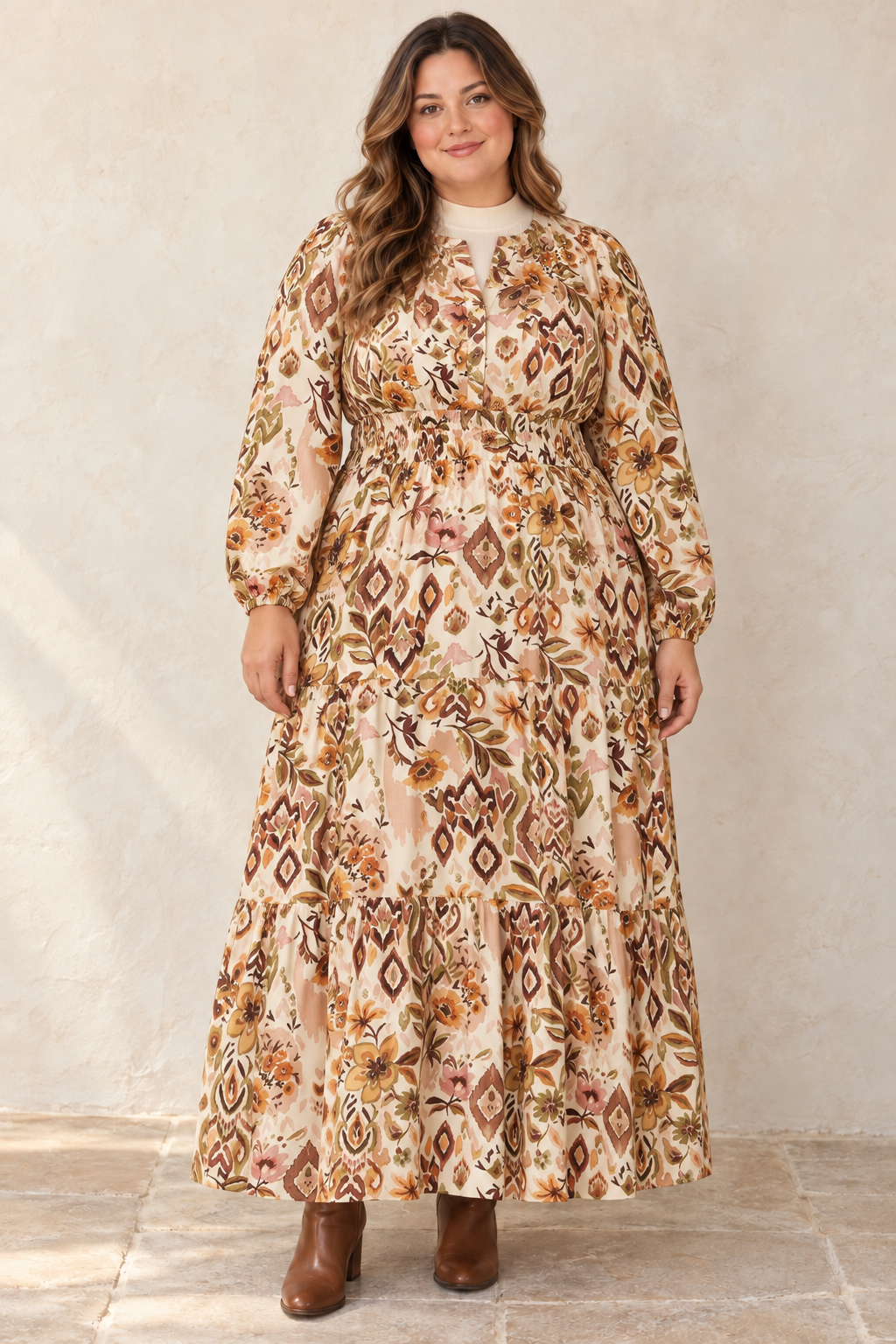 Plus boho fall abstract floral long sleeve maxi dress in brown and olive