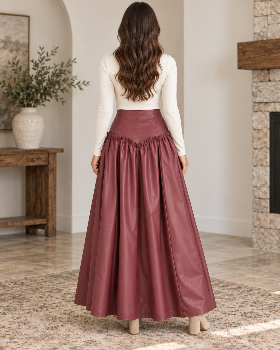 HEYSON Muted Wine Faux Leather Drop-Waist Maxi Skirt lifestyle view 9