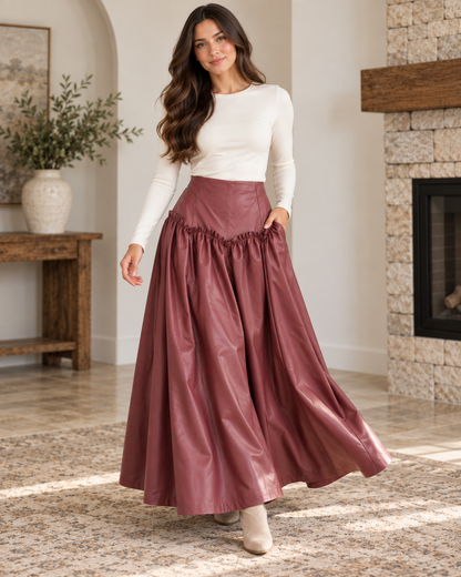 HEYSON Muted Wine Faux Leather Drop-Waist Maxi Skirt lifestyle view 10