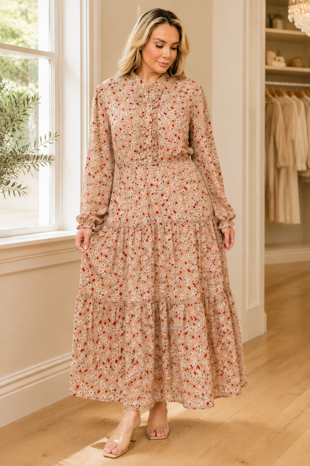 Plus Size Floral Button-Front Tiered Maxi Dress