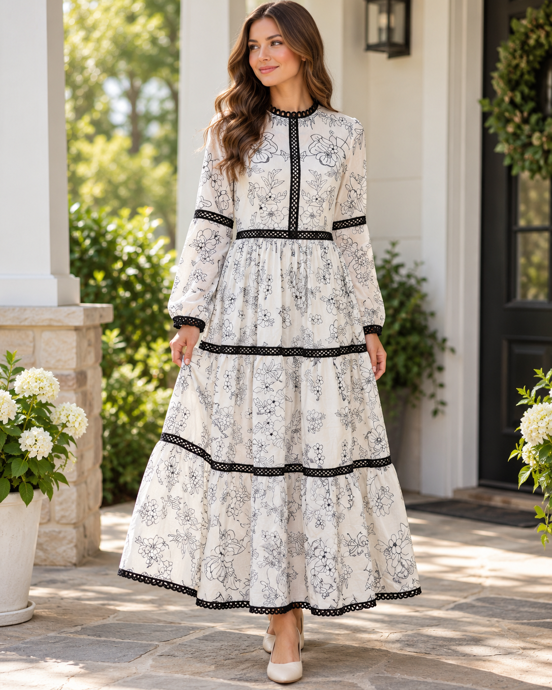 Catch Desire white and black floral maxi dress with bell sleeves and coordinating white slip