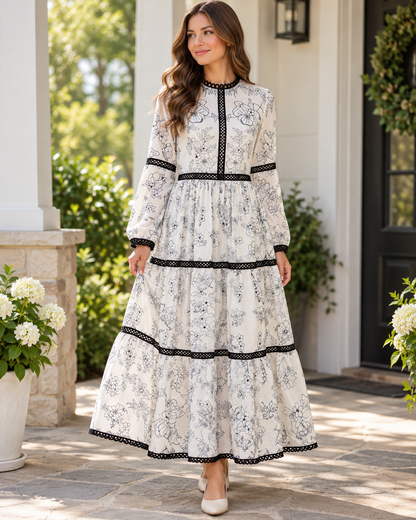 Catch Desire white and black floral maxi dress with bell sleeves and coordinating white slip