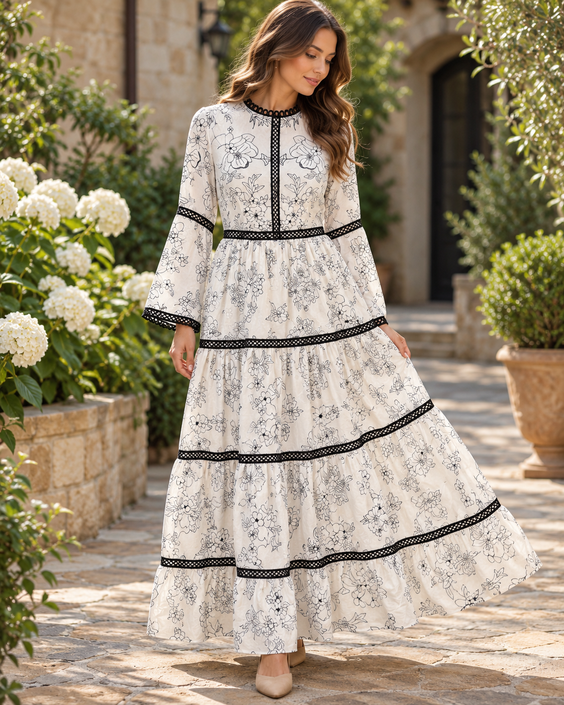 Catch Desire white and black floral maxi dress with bell sleeves and coordinating white slip