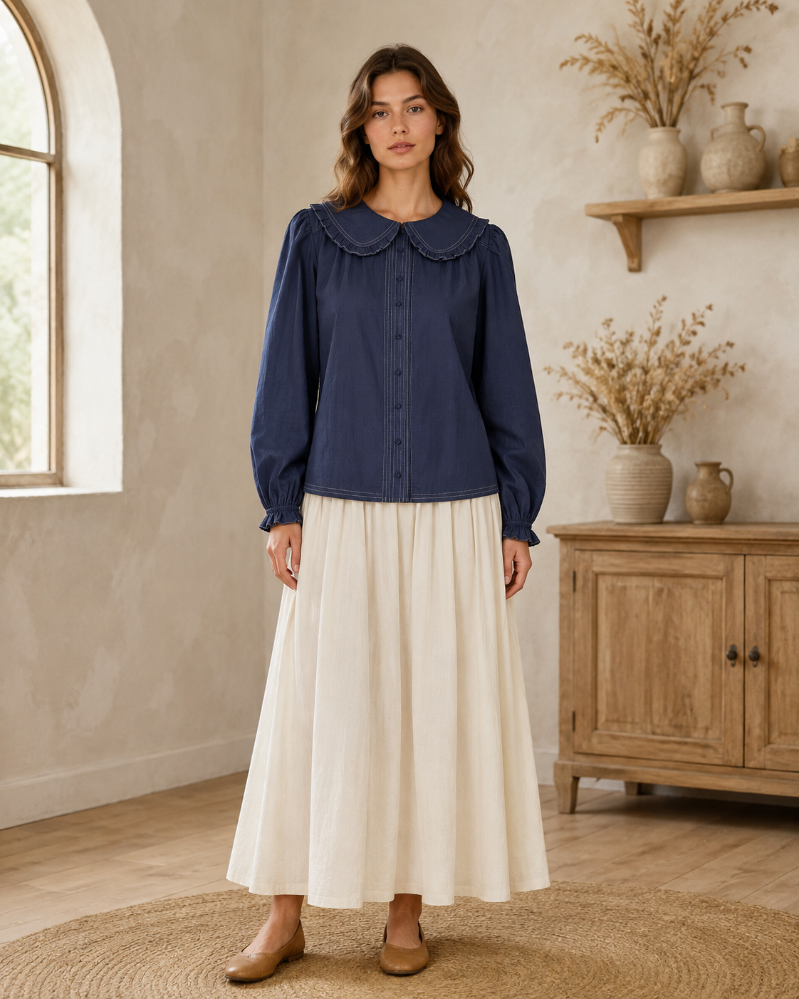 Contrast Stitch Peter Pan Collar Top in Navy