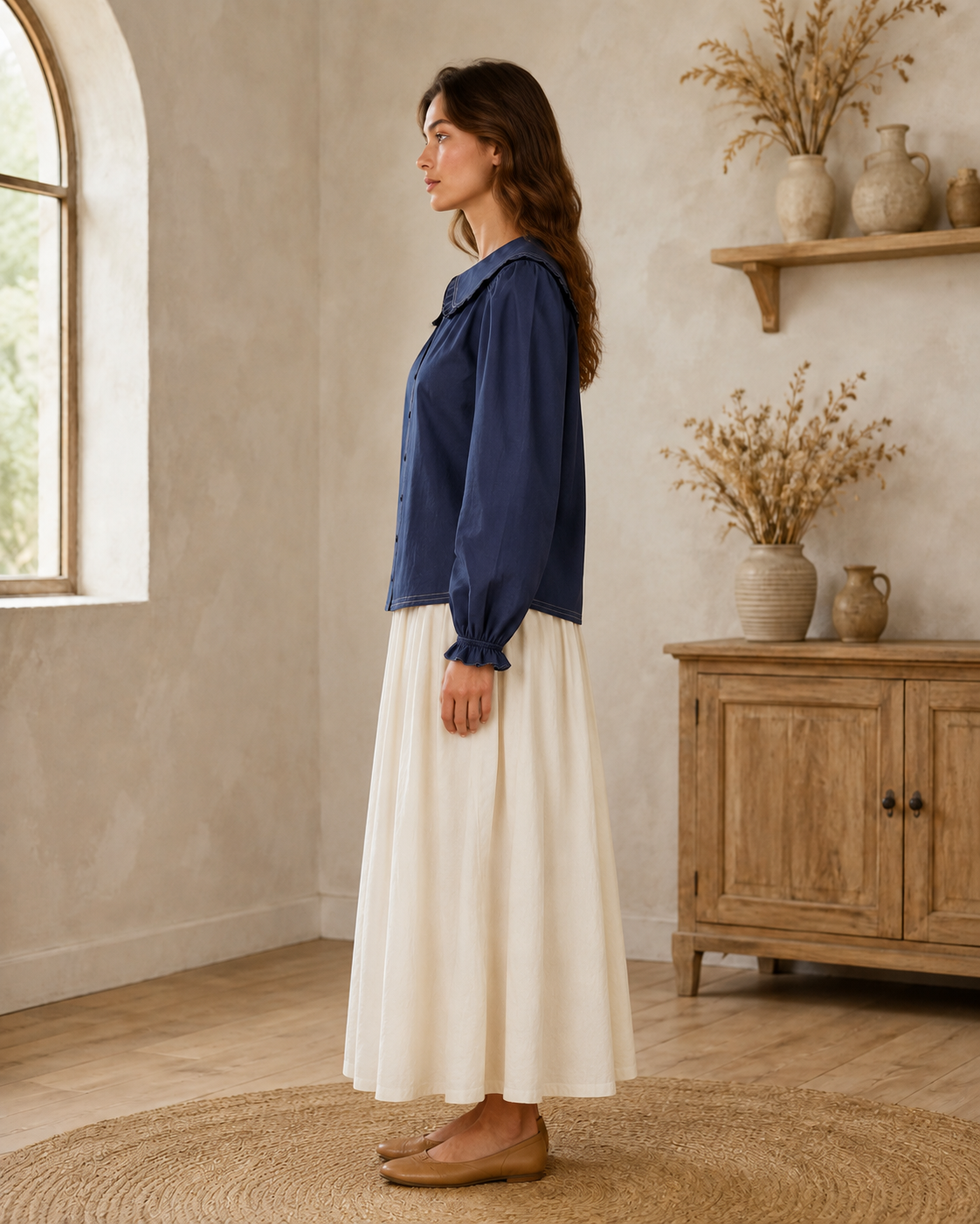 Contrast Stitch Peter Pan Collar Top in Navy