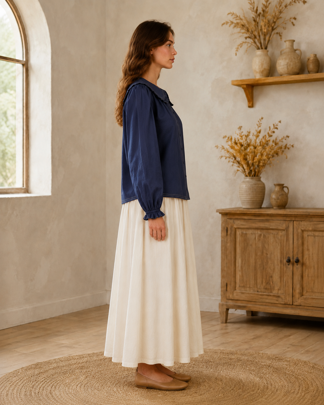 Contrast Stitch Peter Pan Collar Top in Navy