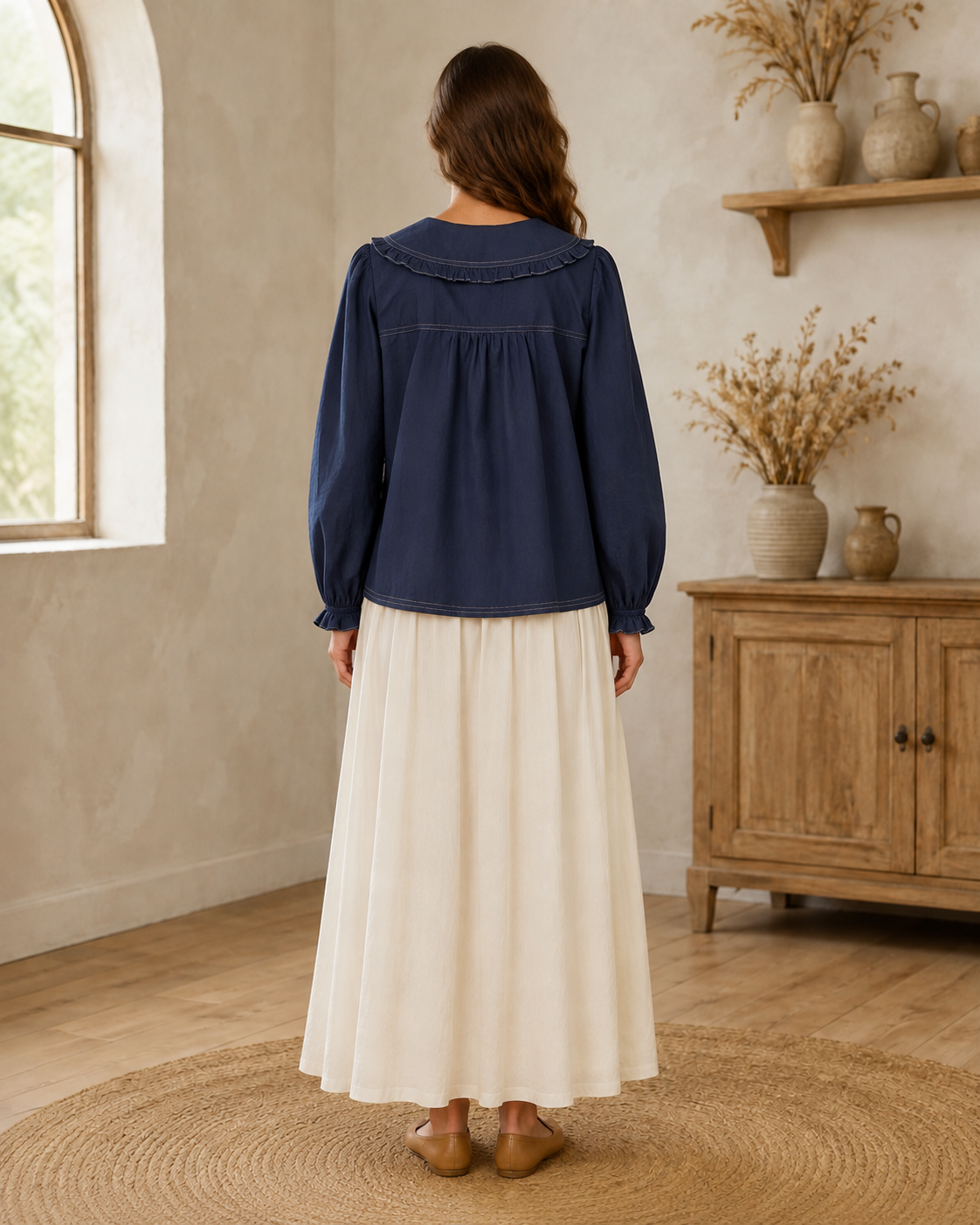 Contrast Stitch Peter Pan Collar Top in Navy