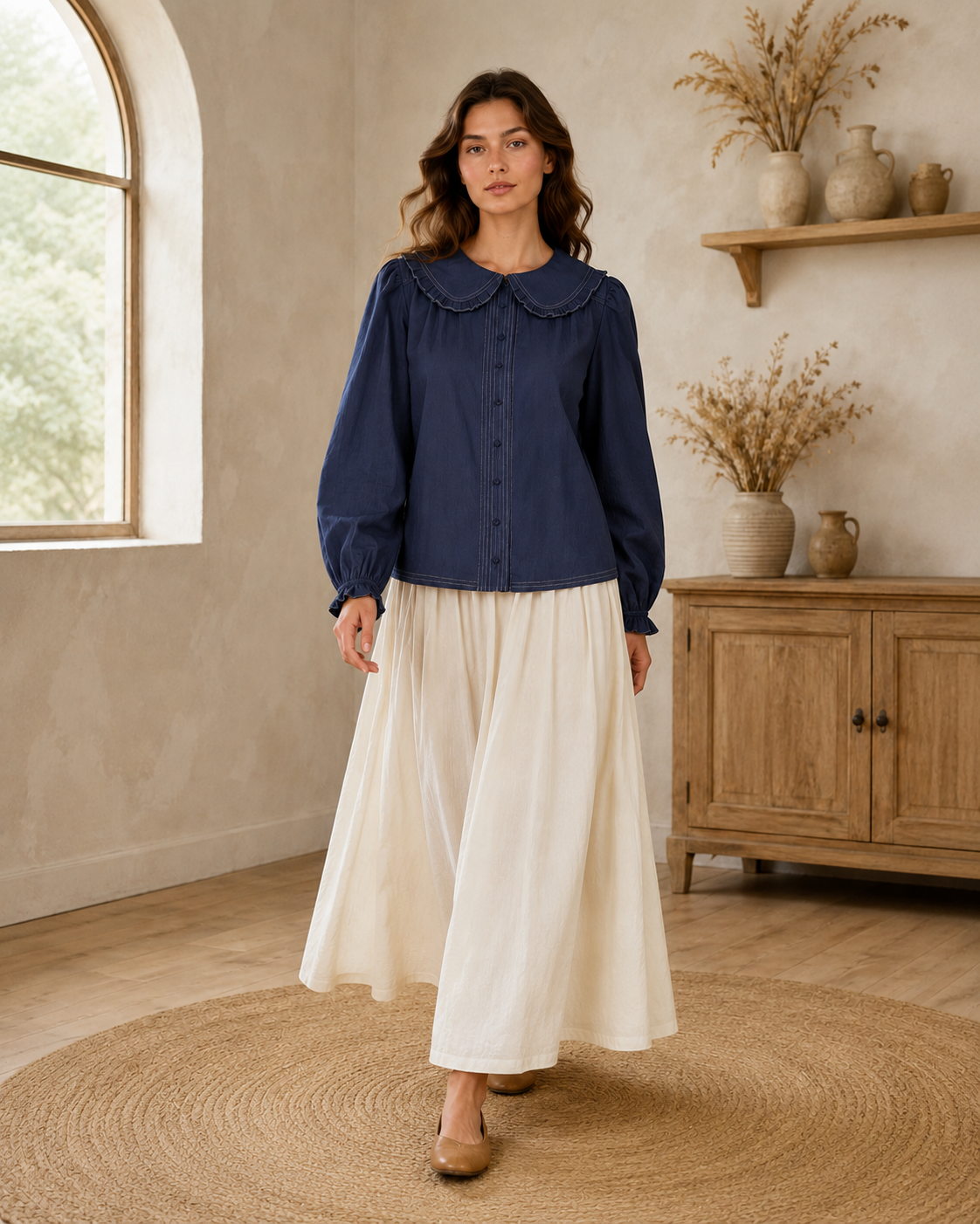Contrast Stitch Peter Pan Collar Top in Navy
