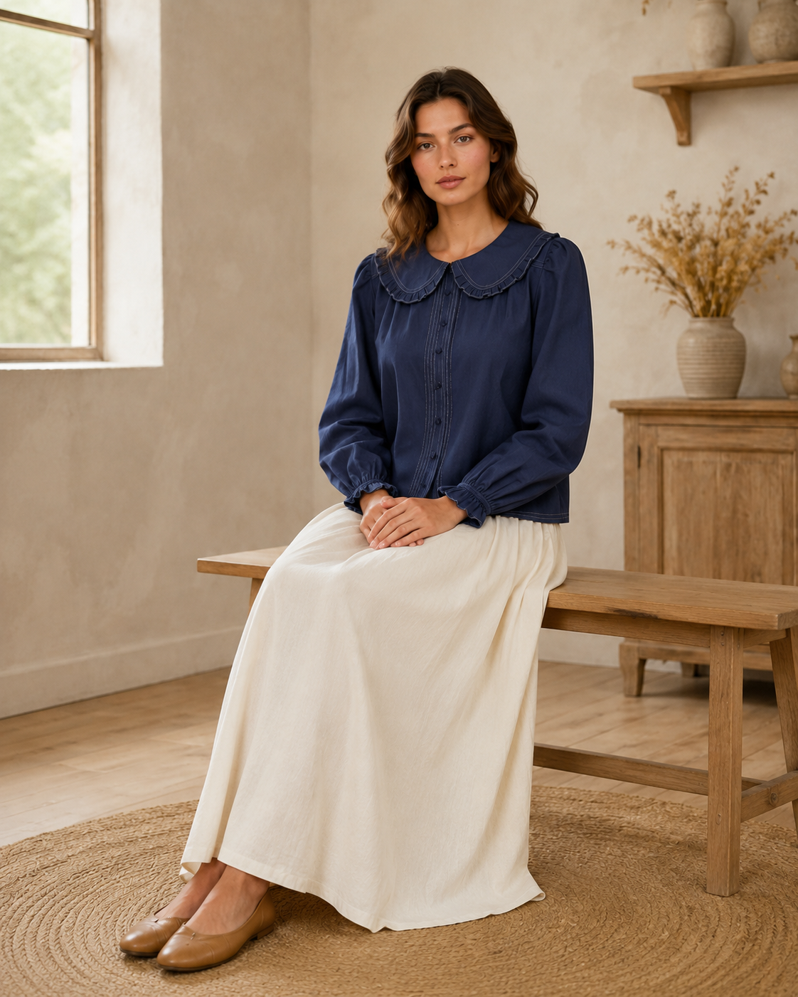 Contrast Stitch Peter Pan Collar Top in Navy