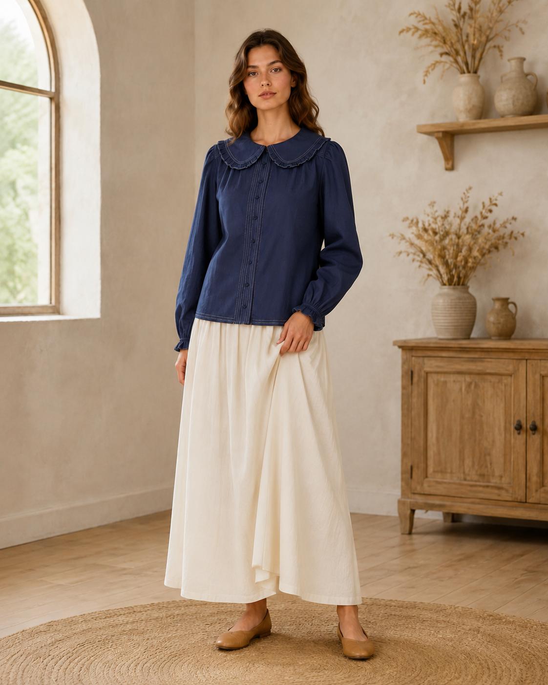 Contrast Stitch Peter Pan Collar Top in Navy