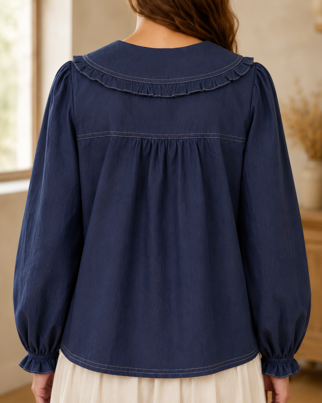 Contrast Stitch Peter Pan Collar Top in Navy