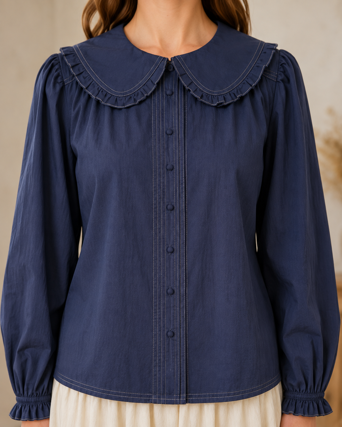 Contrast Stitch Peter Pan Collar Top in Navy