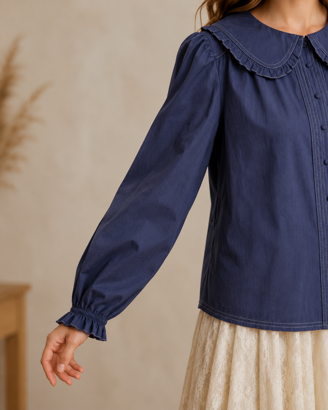 Contrast Stitch Peter Pan Collar Top in Navy