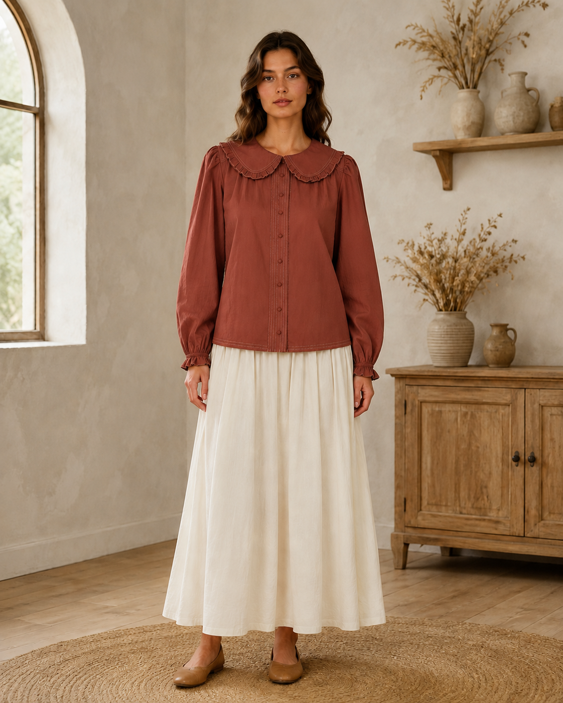 Contrast Stitch Peter Pan Collar Top in Terracotta