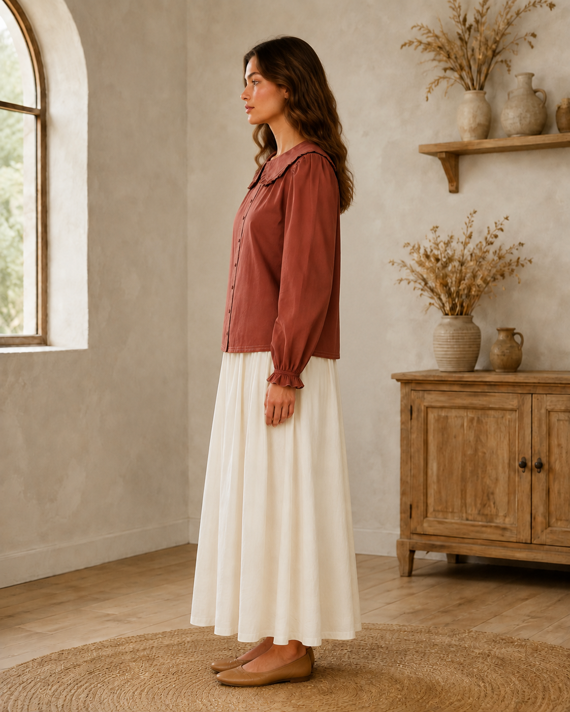 Contrast Stitch Peter Pan Collar Top in Terracotta