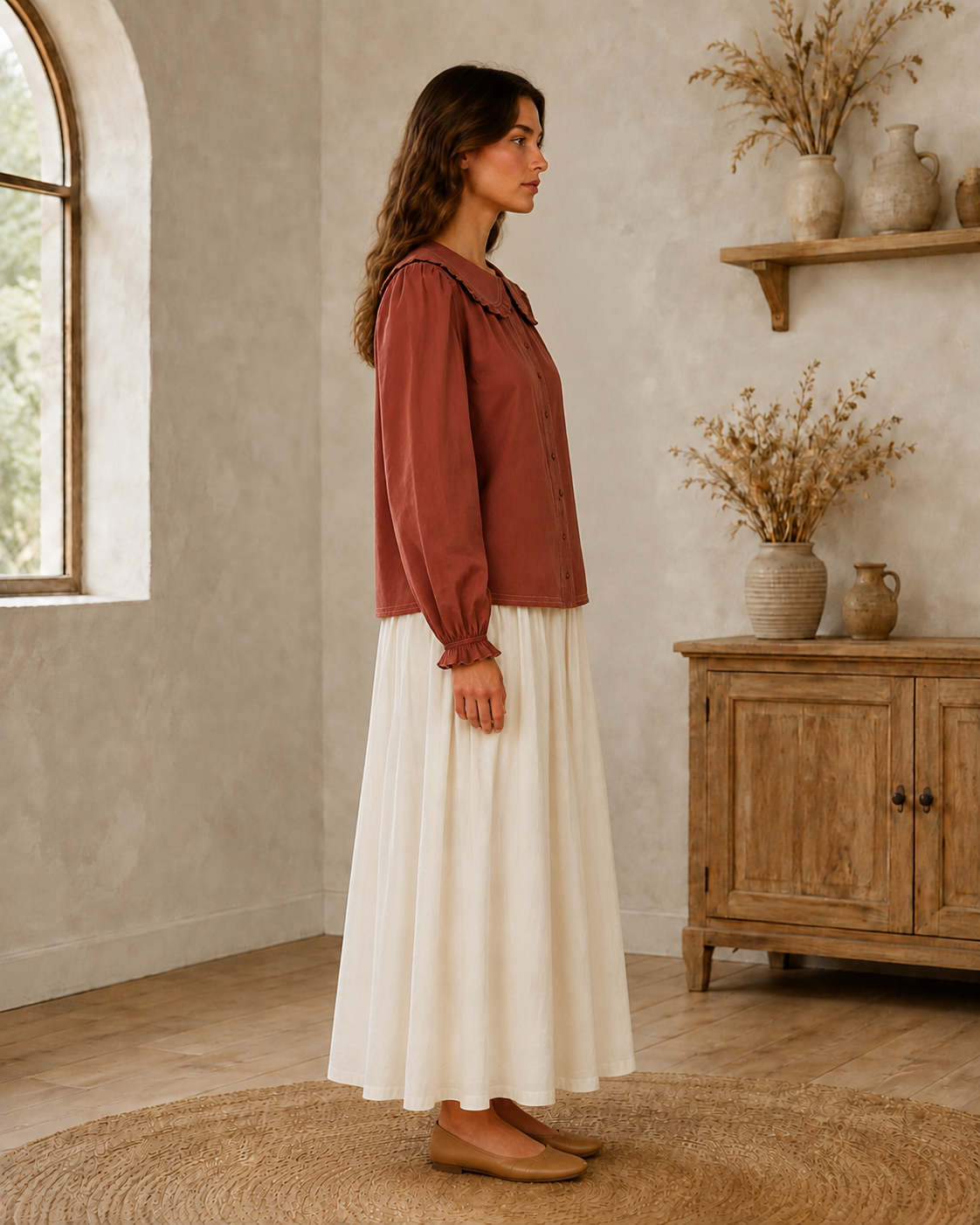 Contrast Stitch Peter Pan Collar Top in Terracotta