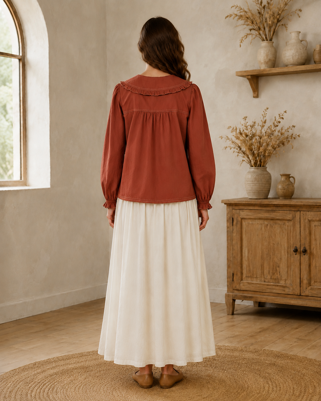 Contrast Stitch Peter Pan Collar Top in Terracotta