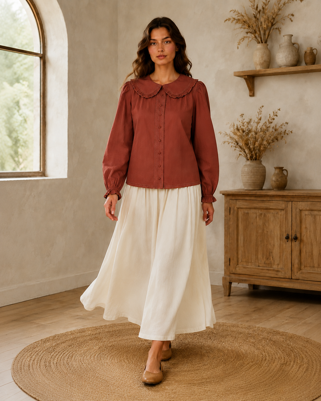 Contrast Stitch Peter Pan Collar Top in Terracotta