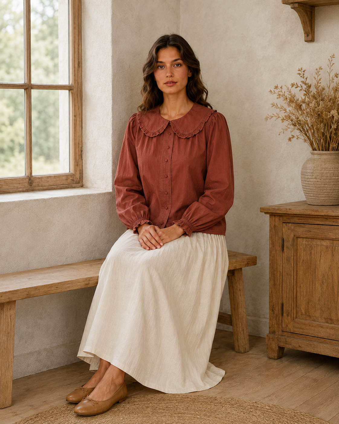 Contrast Stitch Peter Pan Collar Top in Terracotta