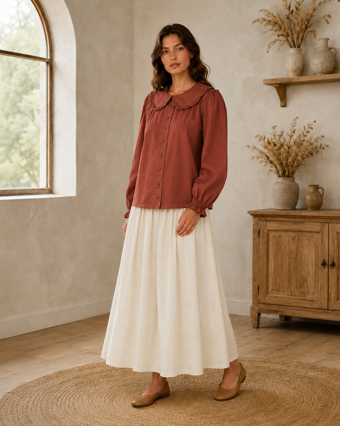 Contrast Stitch Peter Pan Collar Top in Terracotta