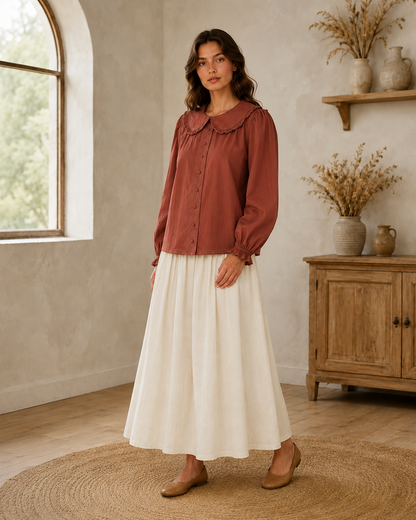Long sleeve terracotta blouse with contrast stitch Peter Pan collar by Listicle, featuring a stylish and feminine design.