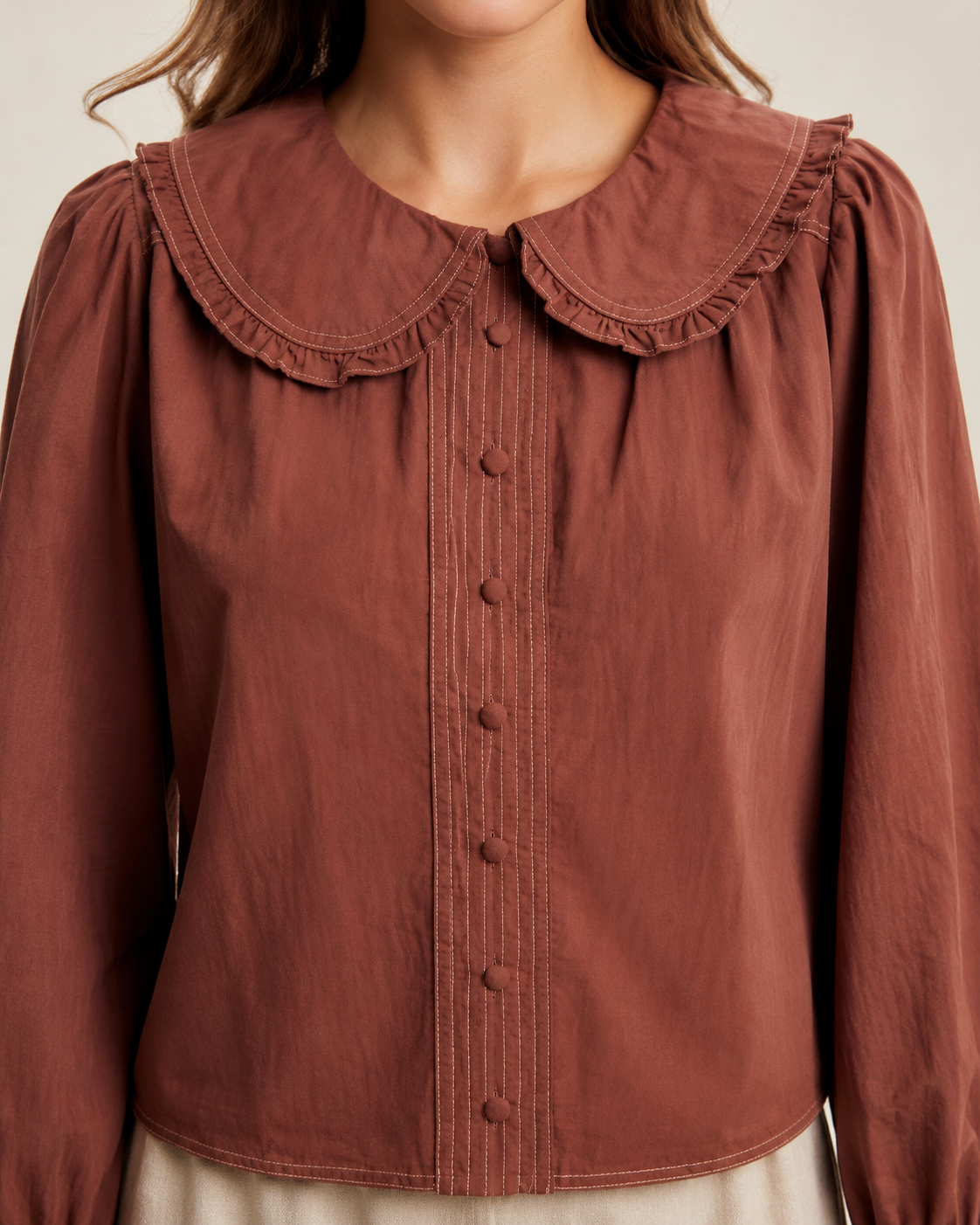 Contrast Stitch Peter Pan Collar Top in Terracotta
