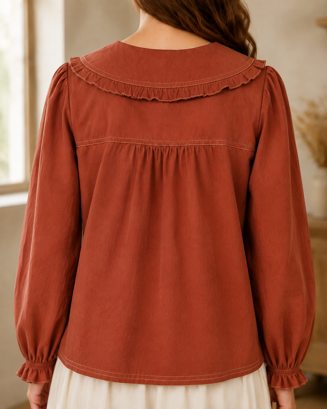 Contrast Stitch Peter Pan Collar Top in Terracotta