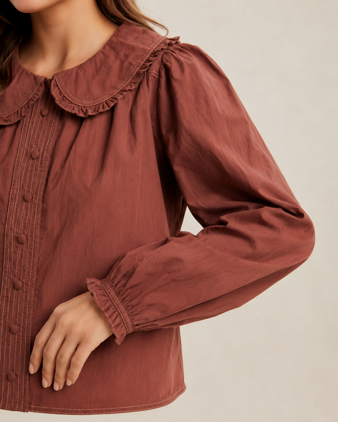 Contrast Stitch Peter Pan Collar Top in Terracotta