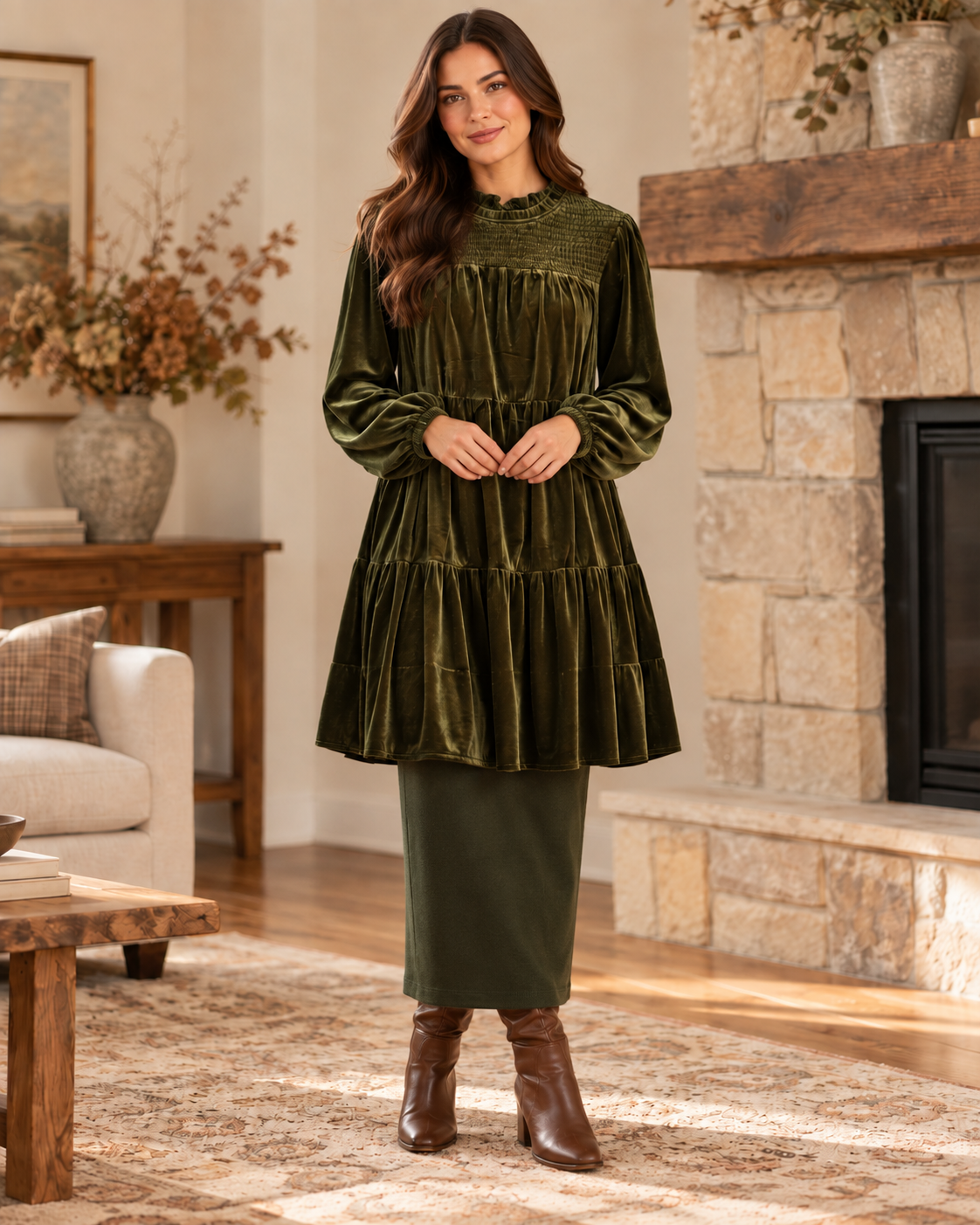 Evergreen Elegance Deep Olive Velvet Tiered Dress & Tunic lifestyle view 1