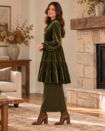 Evergreen Elegance Deep Olive Velvet Tiered Dress & Tunic lifestyle view 2