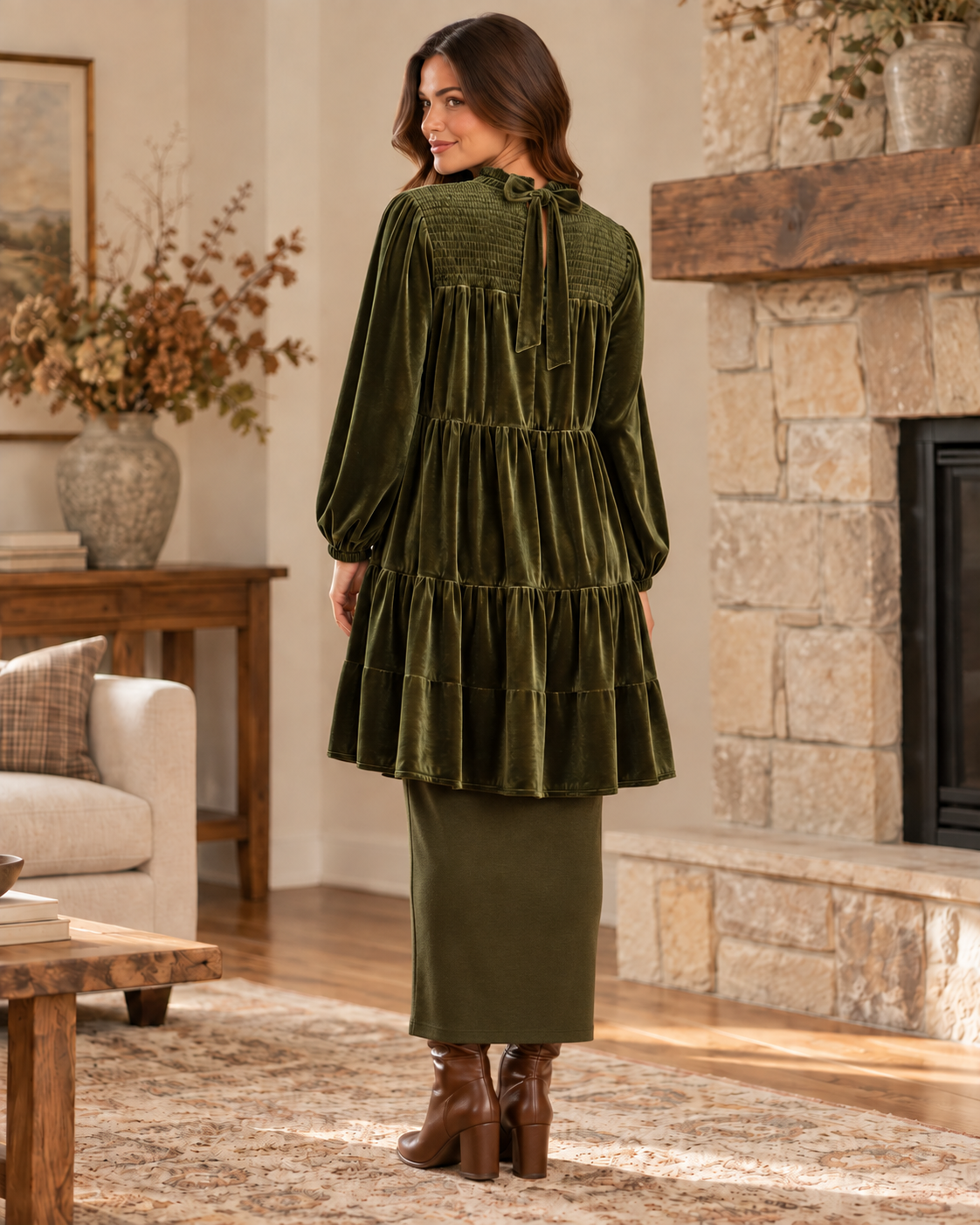 Evergreen Elegance Deep Olive Velvet Tiered Dress & Tunic lifestyle view 3