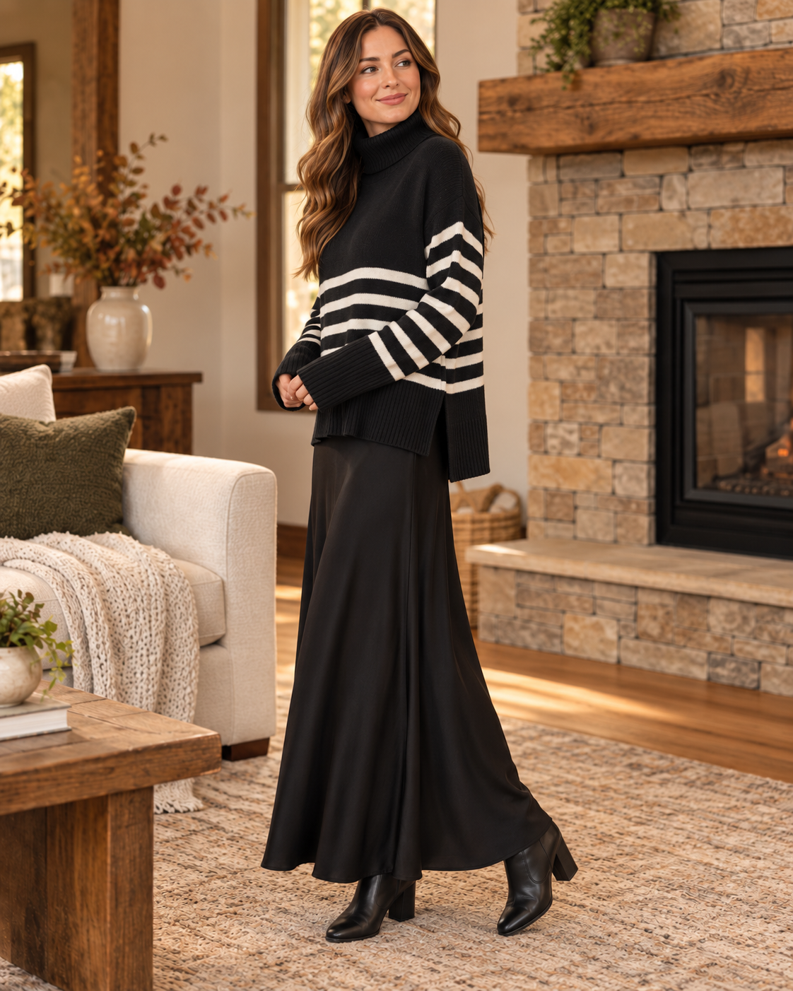 DKNY Black & Ivory Striped Half-Zip Sweater lifestyle view 4