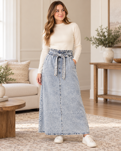 Be-Girl Snow Wash Tie-Waist Denim Maxi Skirt 89451 lifestyle view 1