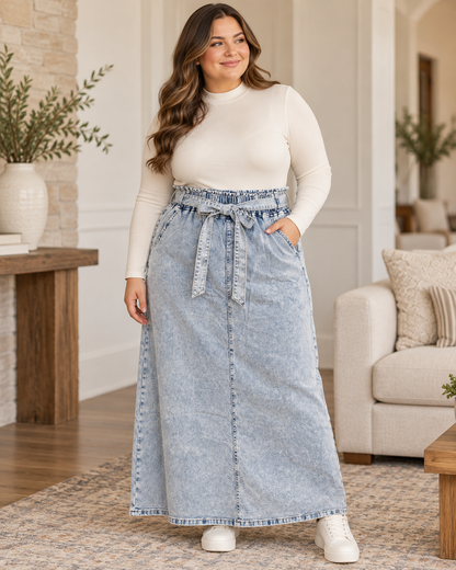 Be-Girl Plus Snow Wash Tie-Waist Denim Maxi Skirt 89451 lifestyle view 1