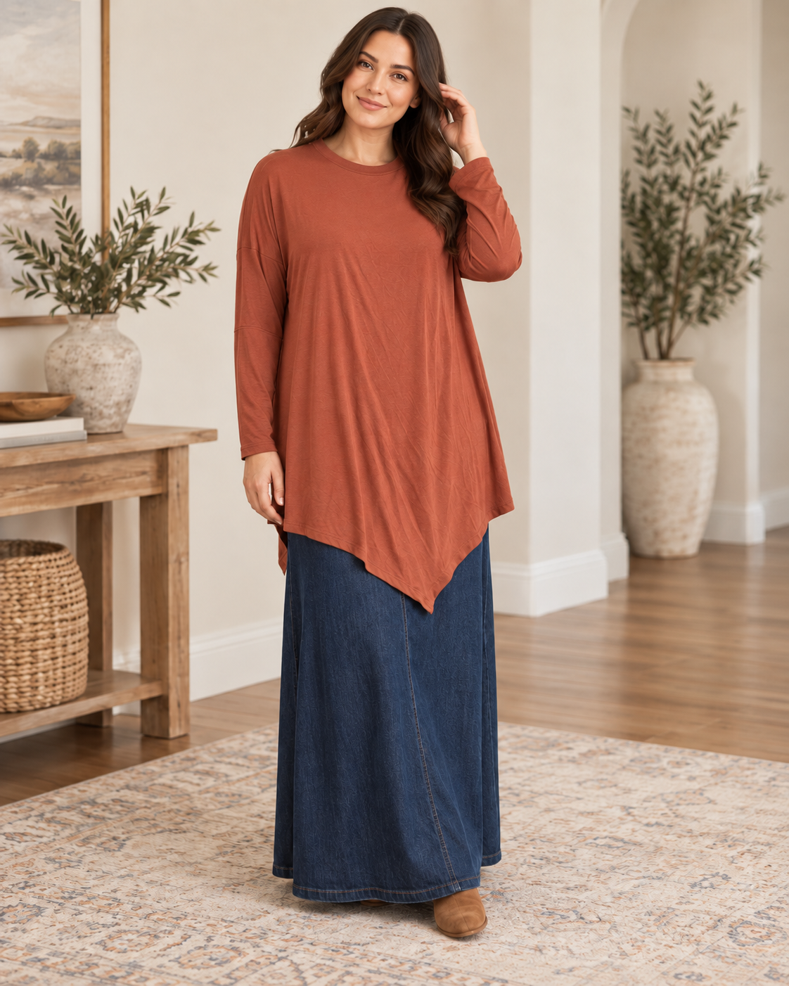 Azules Asymmetrical Hem Long Sleeve Tunic Top lifestyle view 1