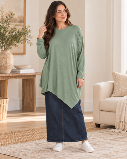 Azules Asymmetrical Hem Long Sleeve Tunic Top lifestyle view 4