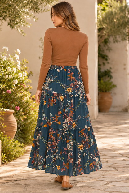 Navy Floral Three-Tier Maxi Skirt