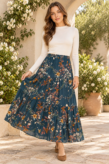Navy Floral Three-Tier Maxi Skirt
