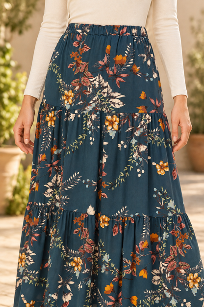 Navy Floral Three-Tier Maxi Skirt